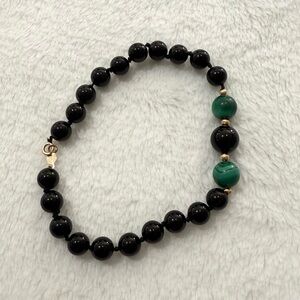 Vintage 14k Solid Gold Bracelet Beaded Onyx & Malachite Gemstones